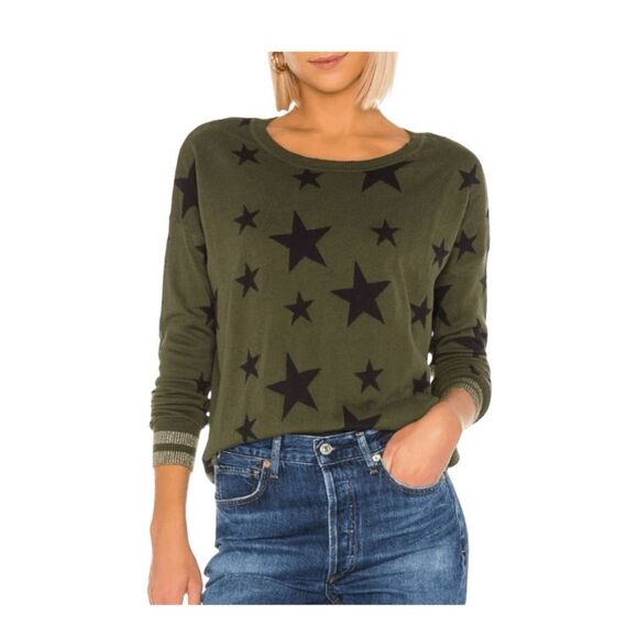 Chaser Military Stars Sweater Green Black Silver Cashmere Knit Crewneck S - Picture 1 of 5